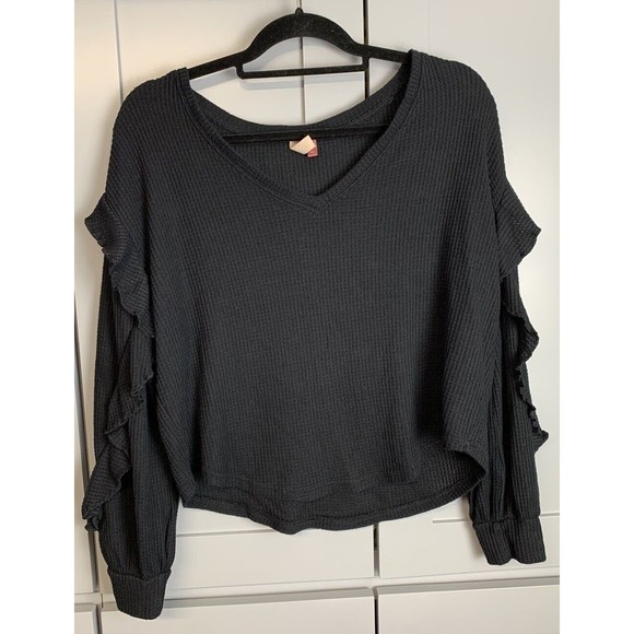 Pilcro Womens Sweater Large Black Ruffle Arms Waffle Knit Bohemian V Neck Boho - Picture 3 of 10